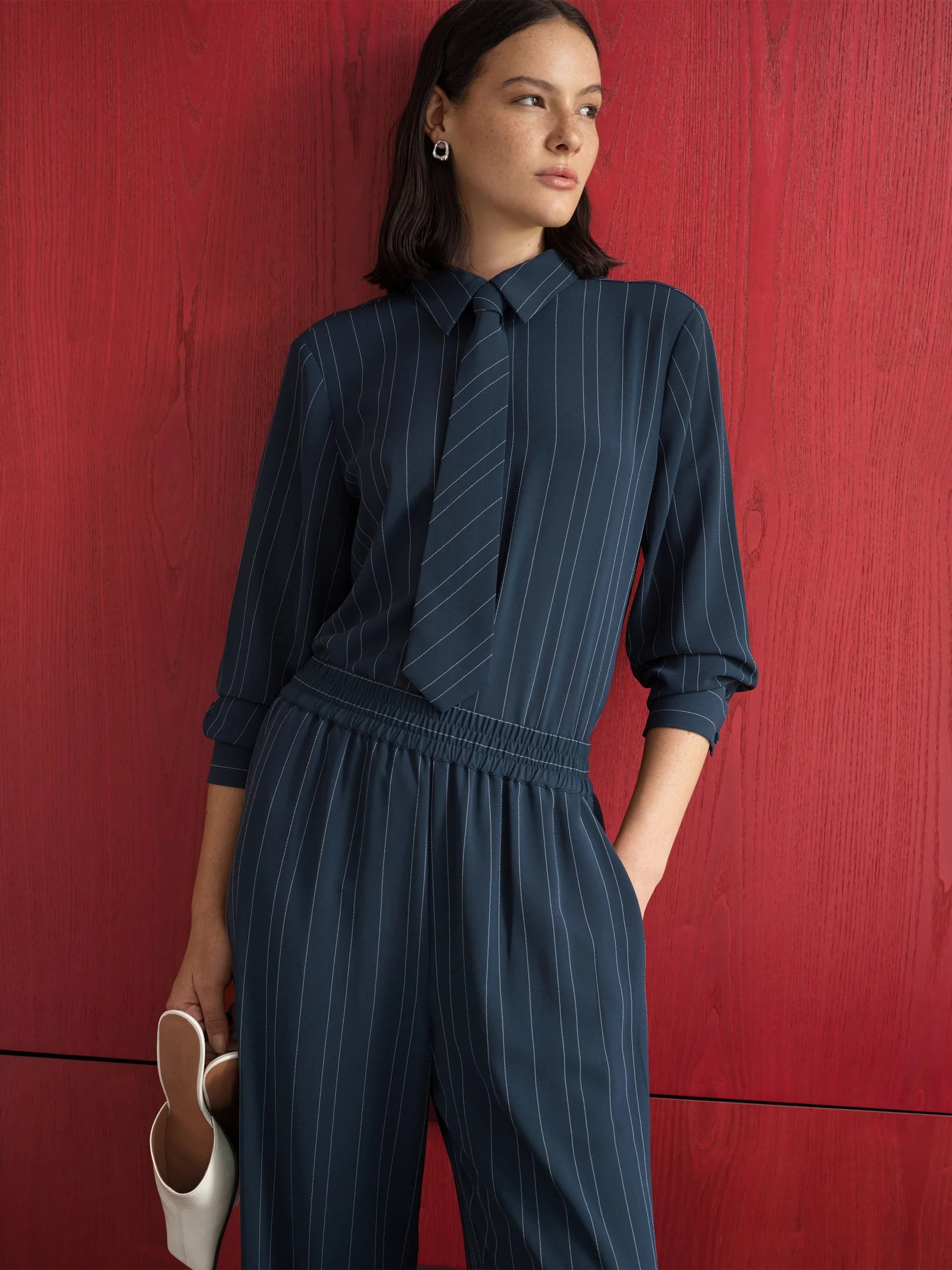 French Connection Erma Navy Pinstripe Tie Long Sleeve Shirt New Navy/Ethereal Blue