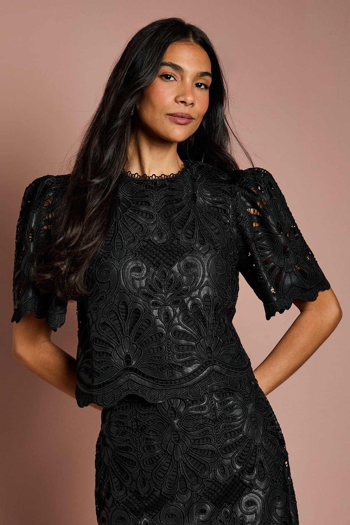 Coast Coast Women's PU Lace Top in Black