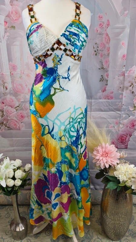 Dave & Johnny Dave & Johnny Laura Ryner Vintage 90s Y2K Beaded Gem Maxi Dress Floral UK 4