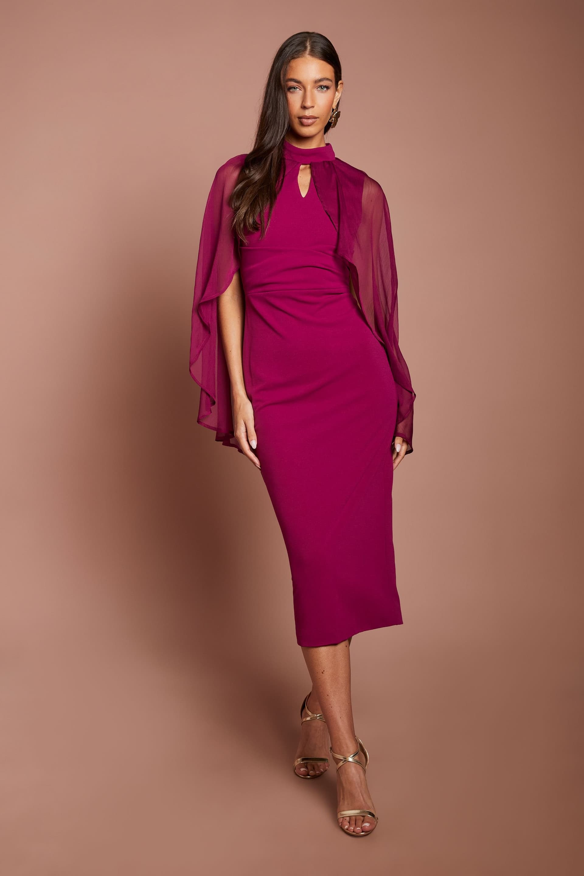 Coast Coast Women's Wrap Waist Detail High Neck Midi Dress With Cape in Berry
