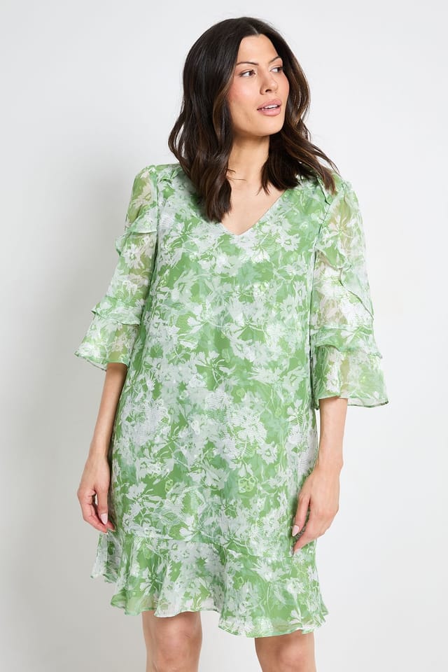Wallis Wallis Women's Floral Print Ruffle Shift Dress in Green - 2