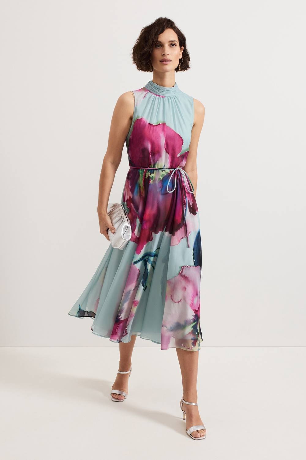 Phase Eight Phase Eight Women's Tahnia High-Neck Floral Print Midi Dress in Aqua - 3