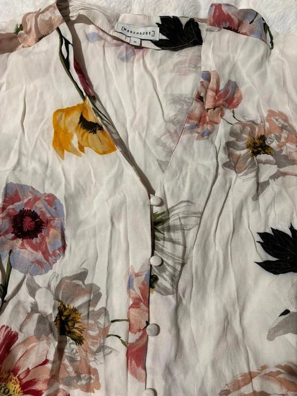 Warehouse Cottagecore white floral button up blouse 8 10