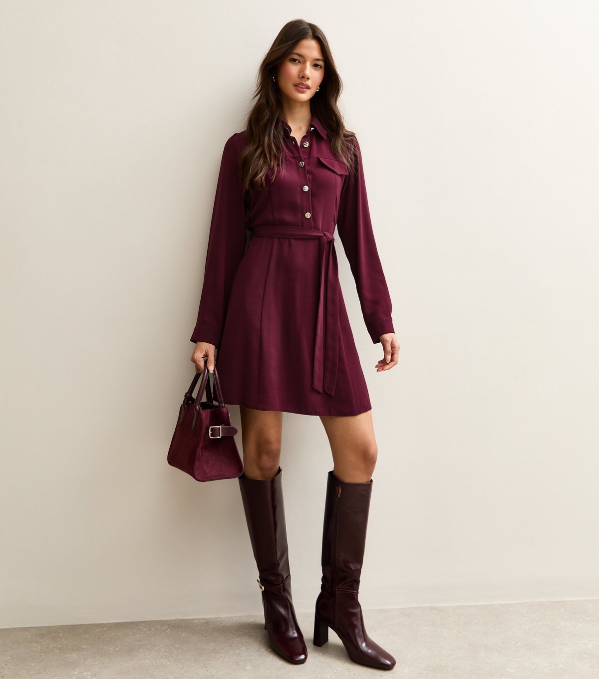 New Look Women's Dark Burgundy Belted Shirt Dress New Look - 3