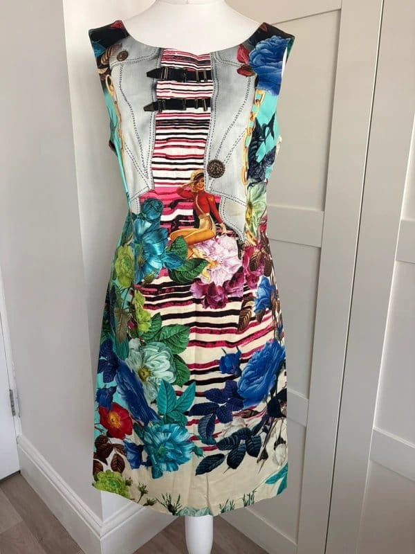 Fehu Fehu Art Print Shift Dress UK 12 Floral Pin Up Nautical Stripe Quirky Retro Y2K Statement - 1