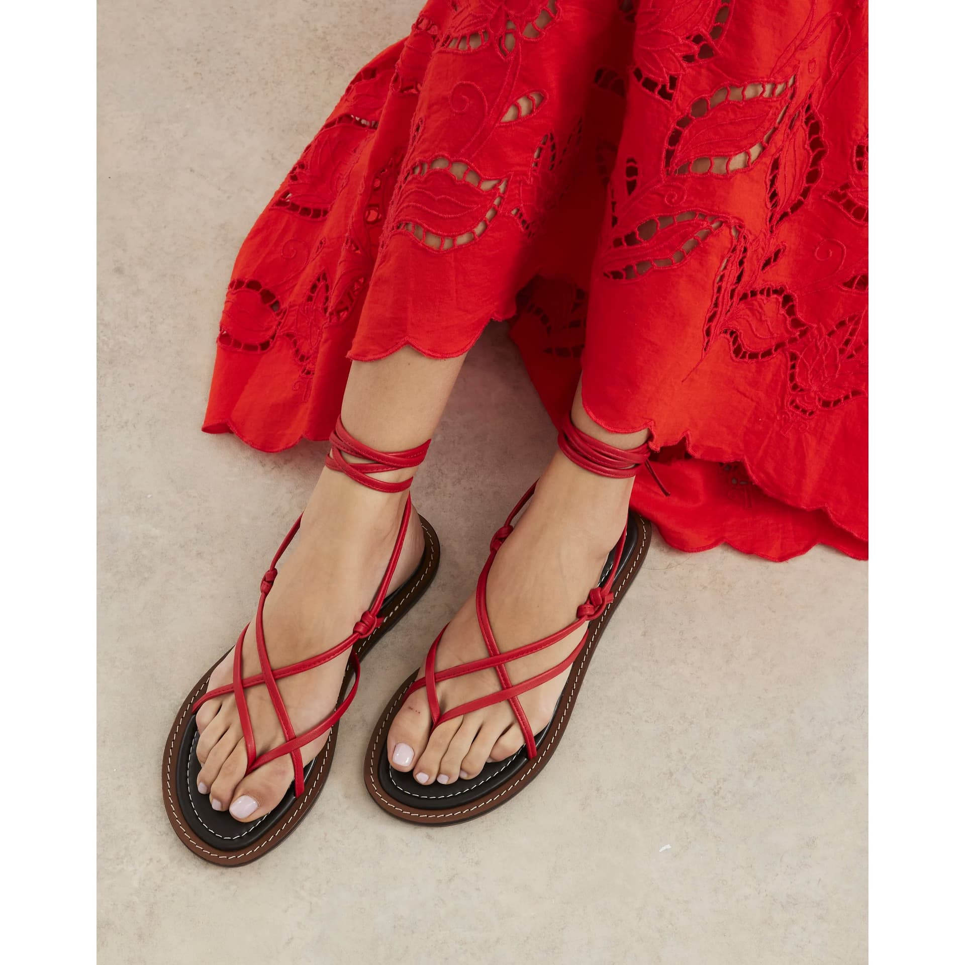 River Island River Island Womens Red Leather Strappy Tie Up Sandals