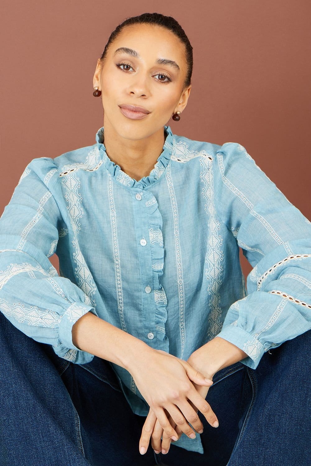 Yumi Women's Cotton Embroidered Panel Shirt in Blue