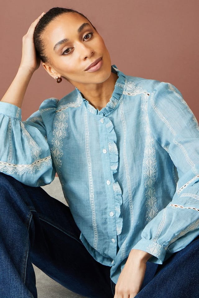 Yumi Yumi Women's Cotton Embroidered Panel Shirt in Blue - 2