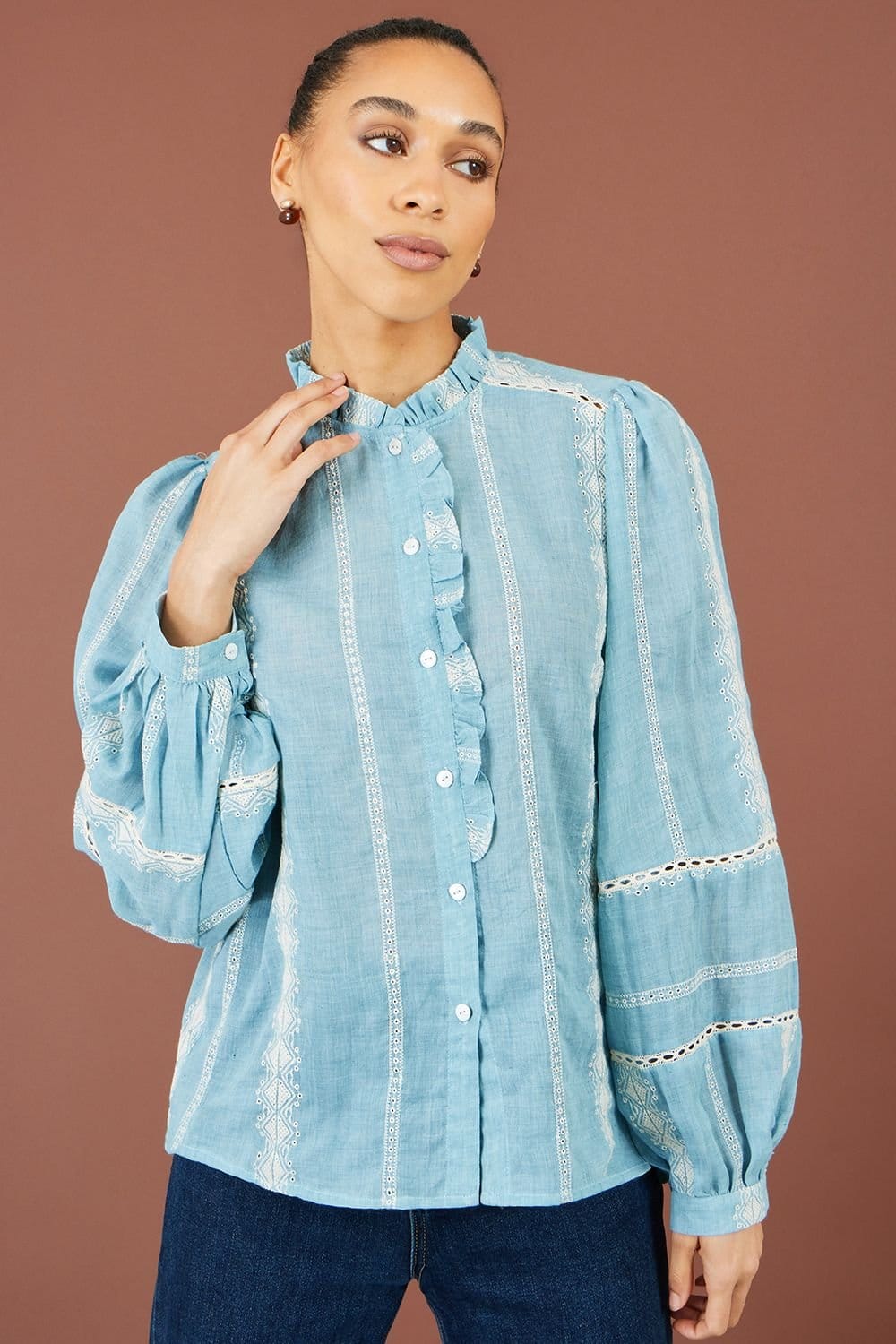 Yumi Yumi Women's Cotton Embroidered Panel Shirt in Blue - 4