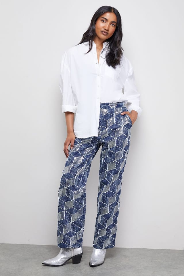 Warehouse Warehouse Women's Patterned Sequin Denim Jean - 2