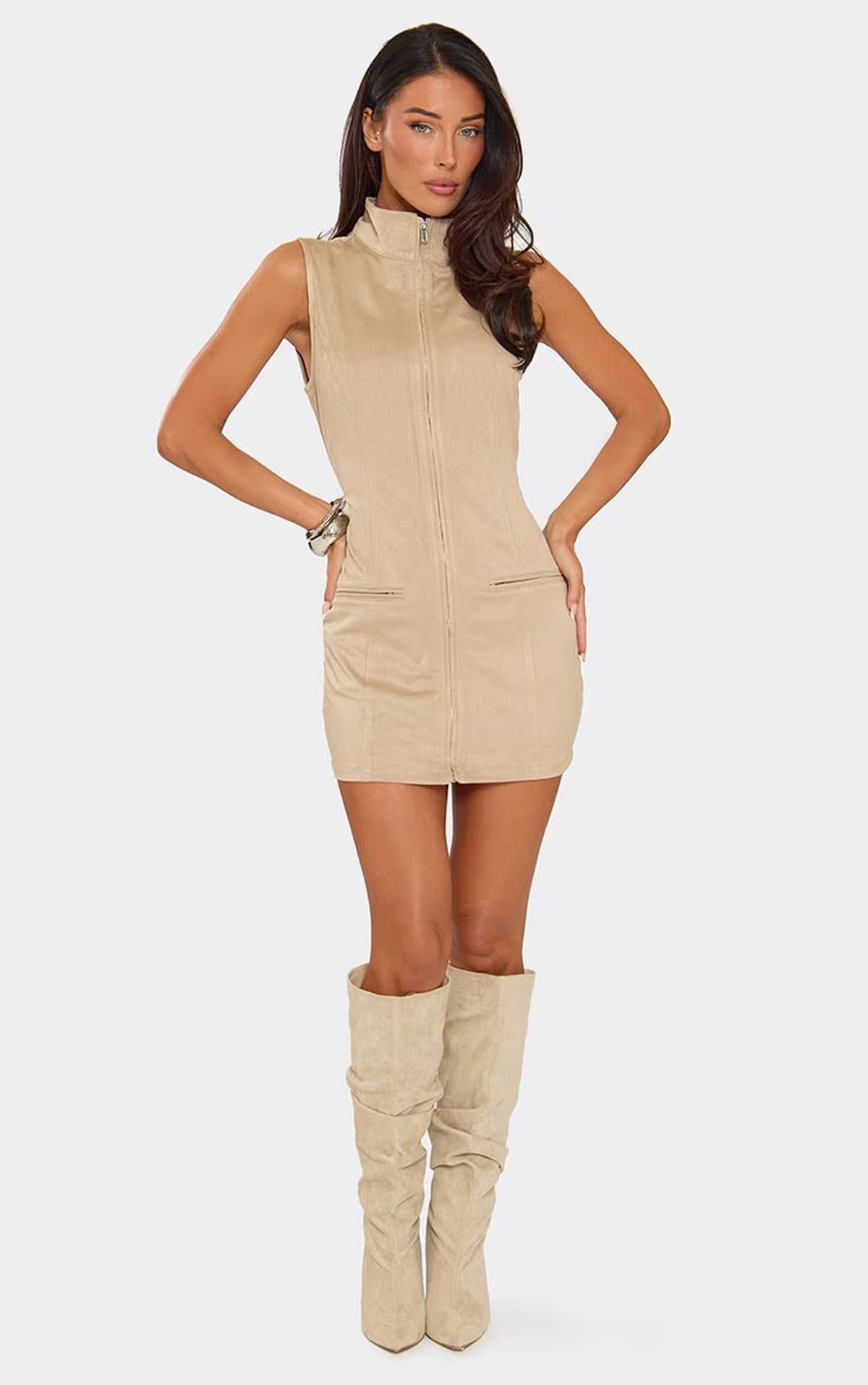EGO Sleeveless Zip Up Front Mini Dress In Stone Faux Suede, Women's Size UK 6