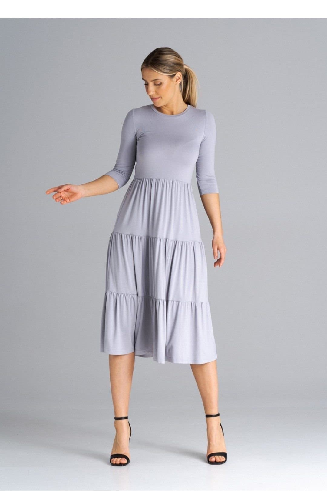 Love Lace Love Lace Women's Midi Dress With Crinkled Ruffles Quarter Sleeves in Grey