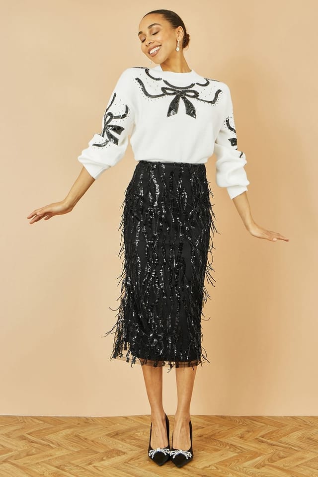 Yumi Yumi Women's Black Hanging Sequin Fitted Midi Skirt - 2