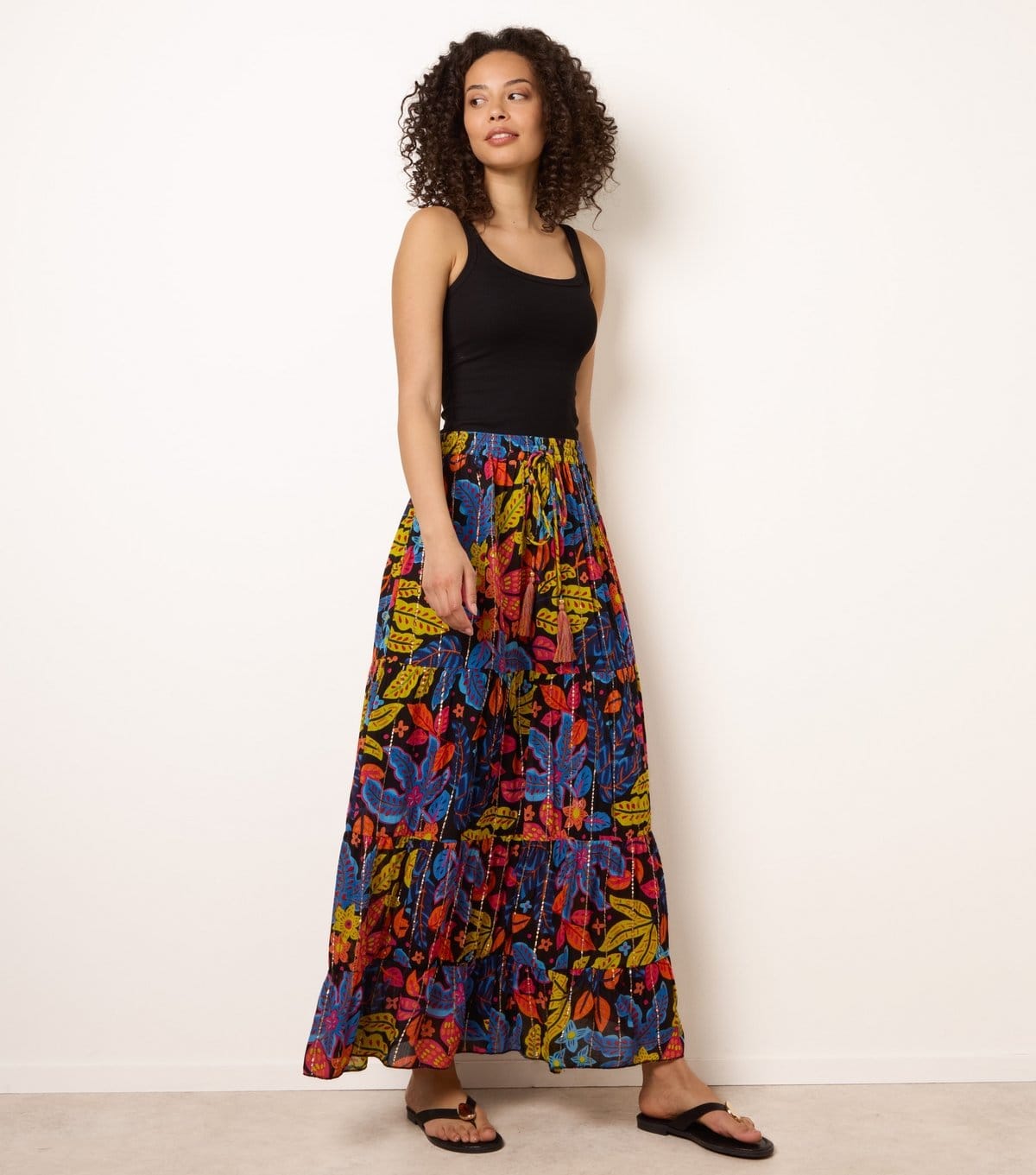 Blue Vanilla Black Leaf Print Tiered Maxi Skirt