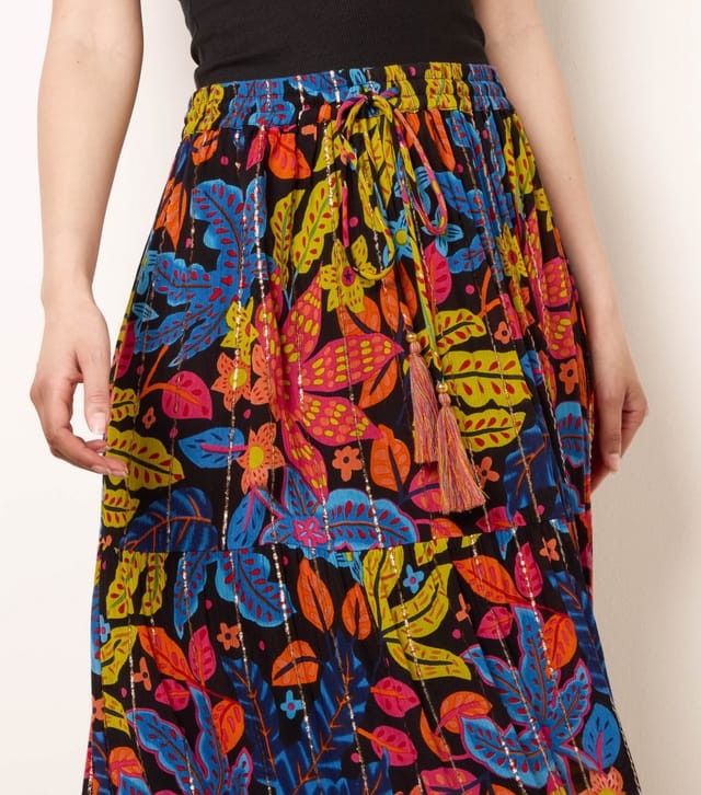 Blue Vanilla Women's Black Leaf Print Tiered Maxi Skirt Blue Vanilla New Look - 3