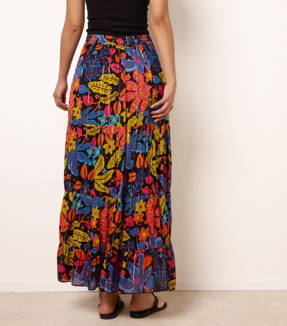 Blue Vanilla Women's Black Leaf Print Tiered Maxi Skirt Blue Vanilla New Look - 4