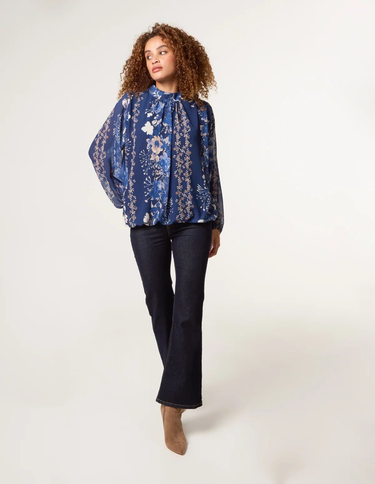 Blue Vanilla High Neck Puffball Floral Blouse