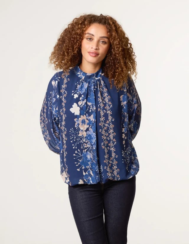 Blue Vanilla High Neck Puffball Floral Blouse - 2