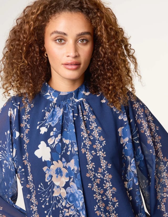 Blue Vanilla High Neck Puffball Floral Blouse - 3
