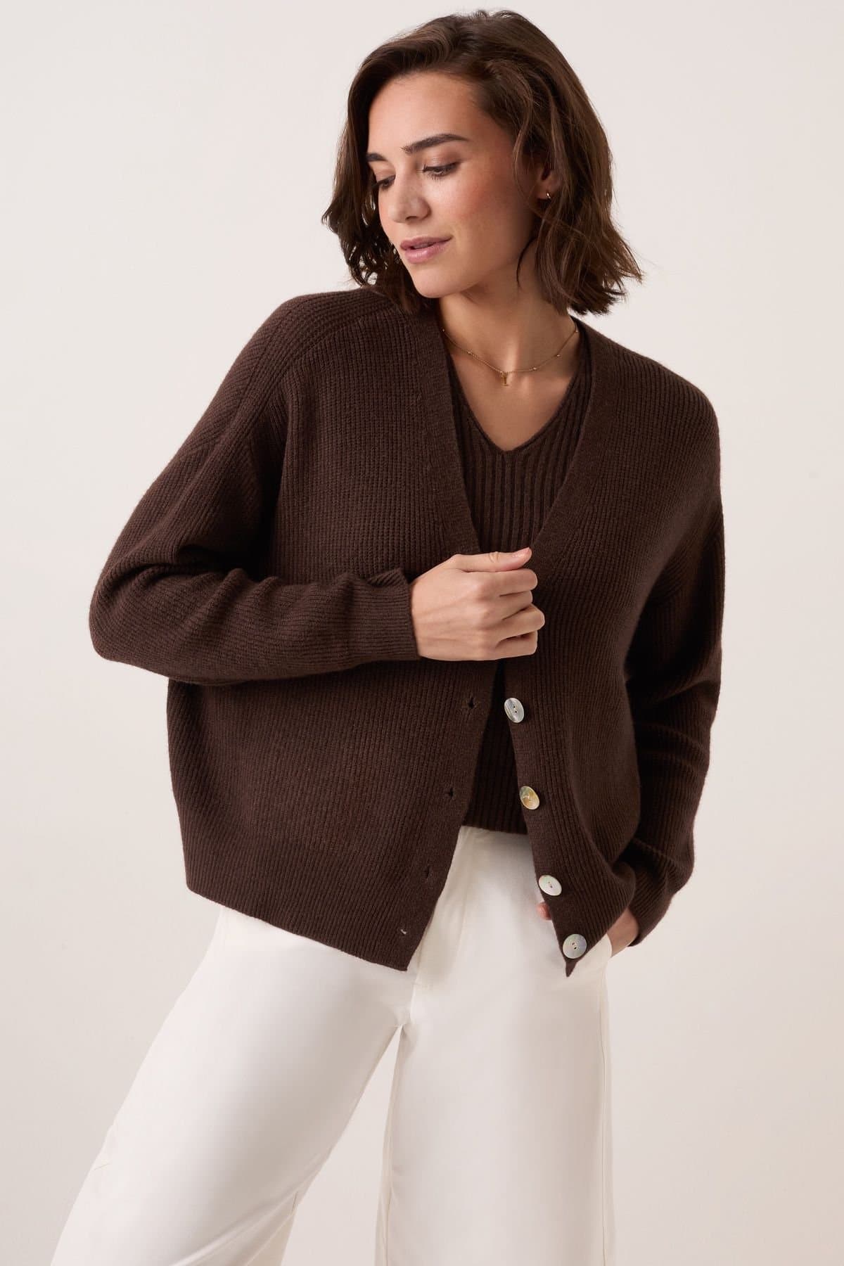 Celtic & Co Celtic & Co Women's Slouchy Ribbed V-Neck Cardigan in Dark Brown