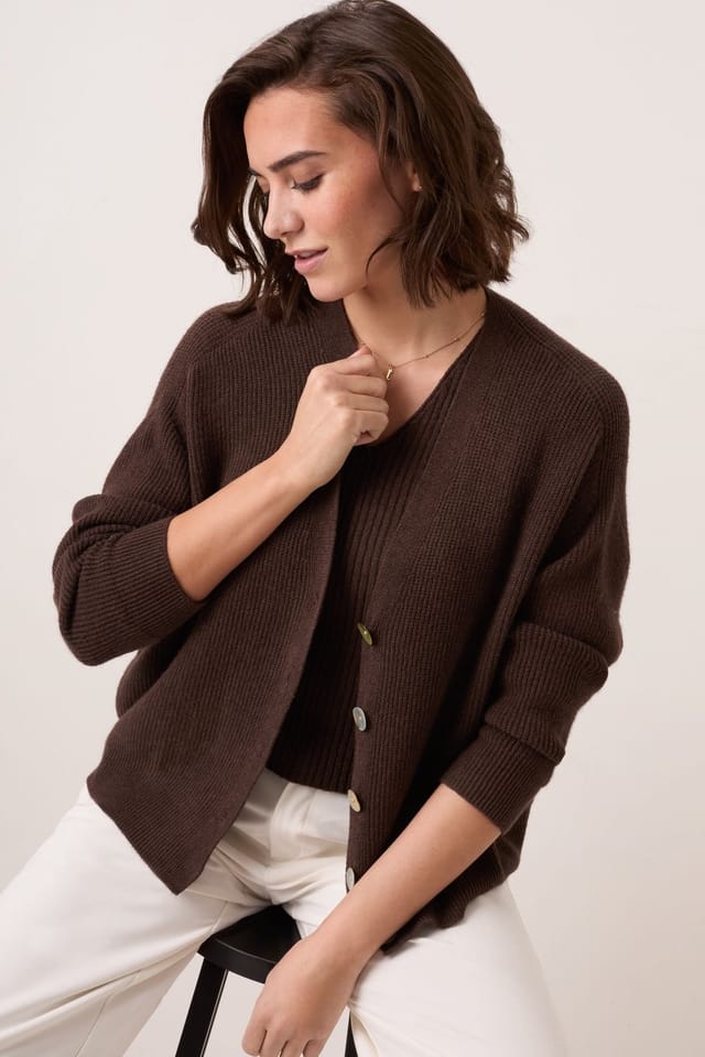 Celtic & Co Celtic & Co Women's Slouchy Ribbed V-Neck Cardigan in Dark Brown - 3