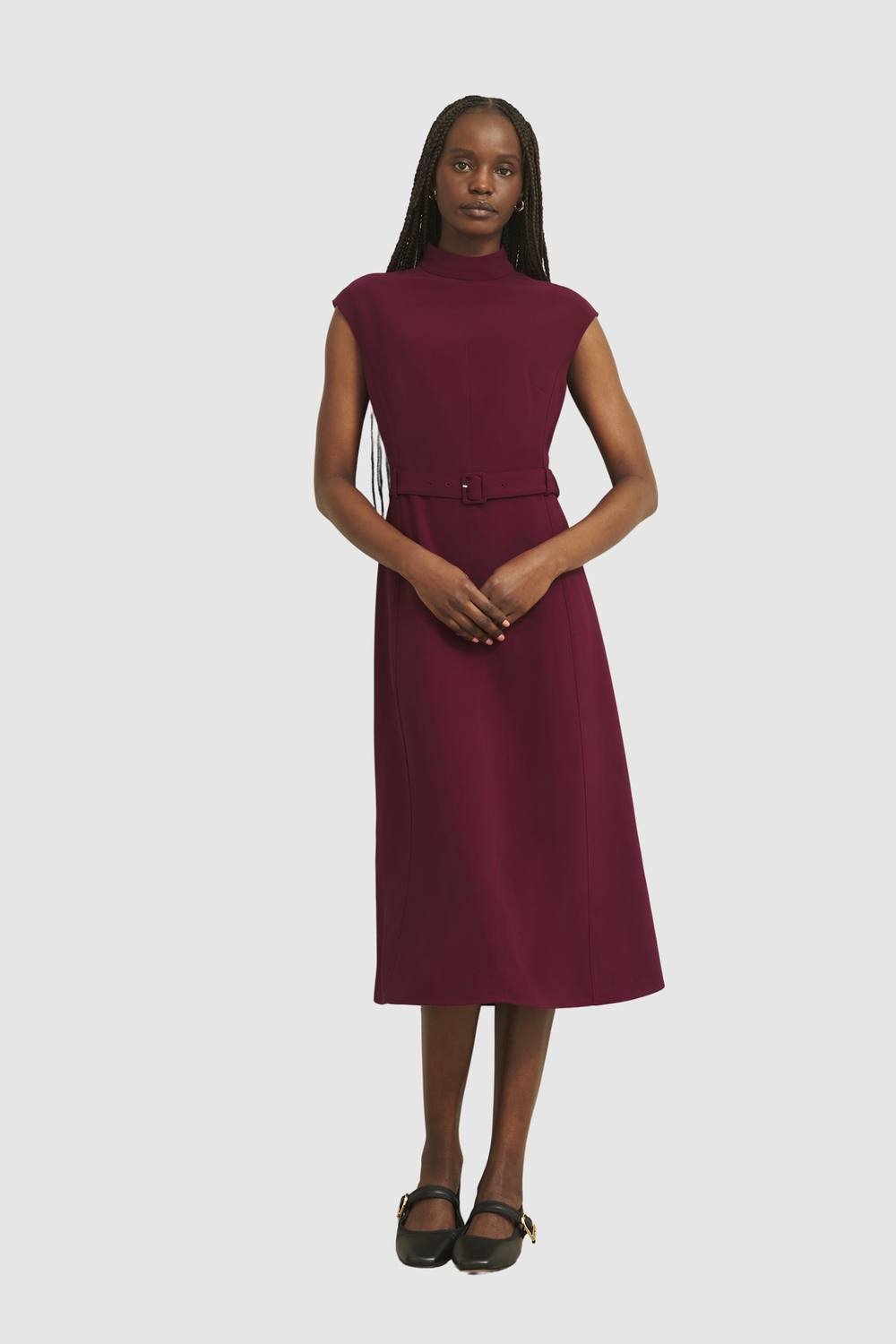 Hobbs London Hobbs London Women's Leslie Belted High Neck Midi Dress in Wine - 2