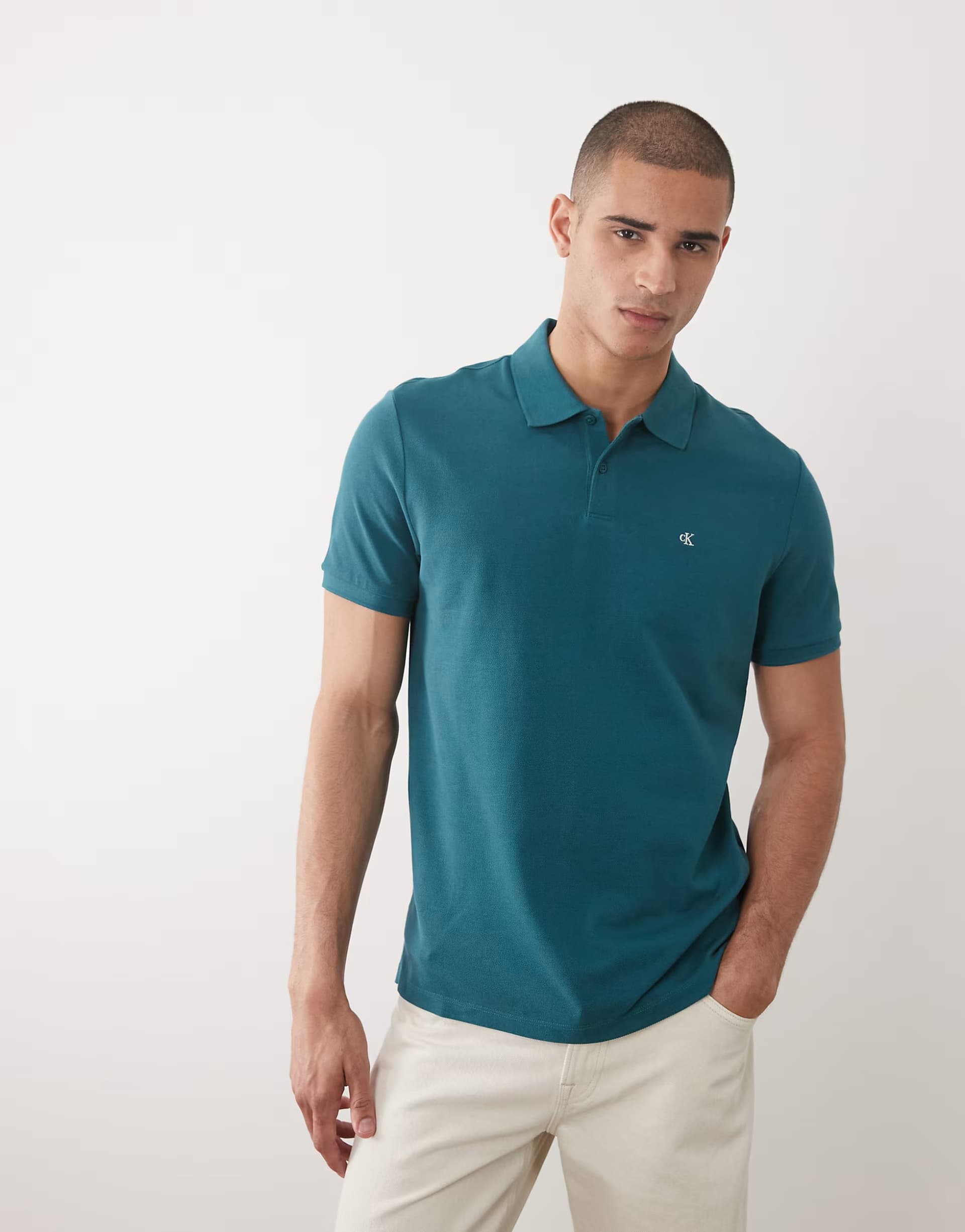 ASOS Calvin Klein Jeans Monogram pique polo shirt in teal