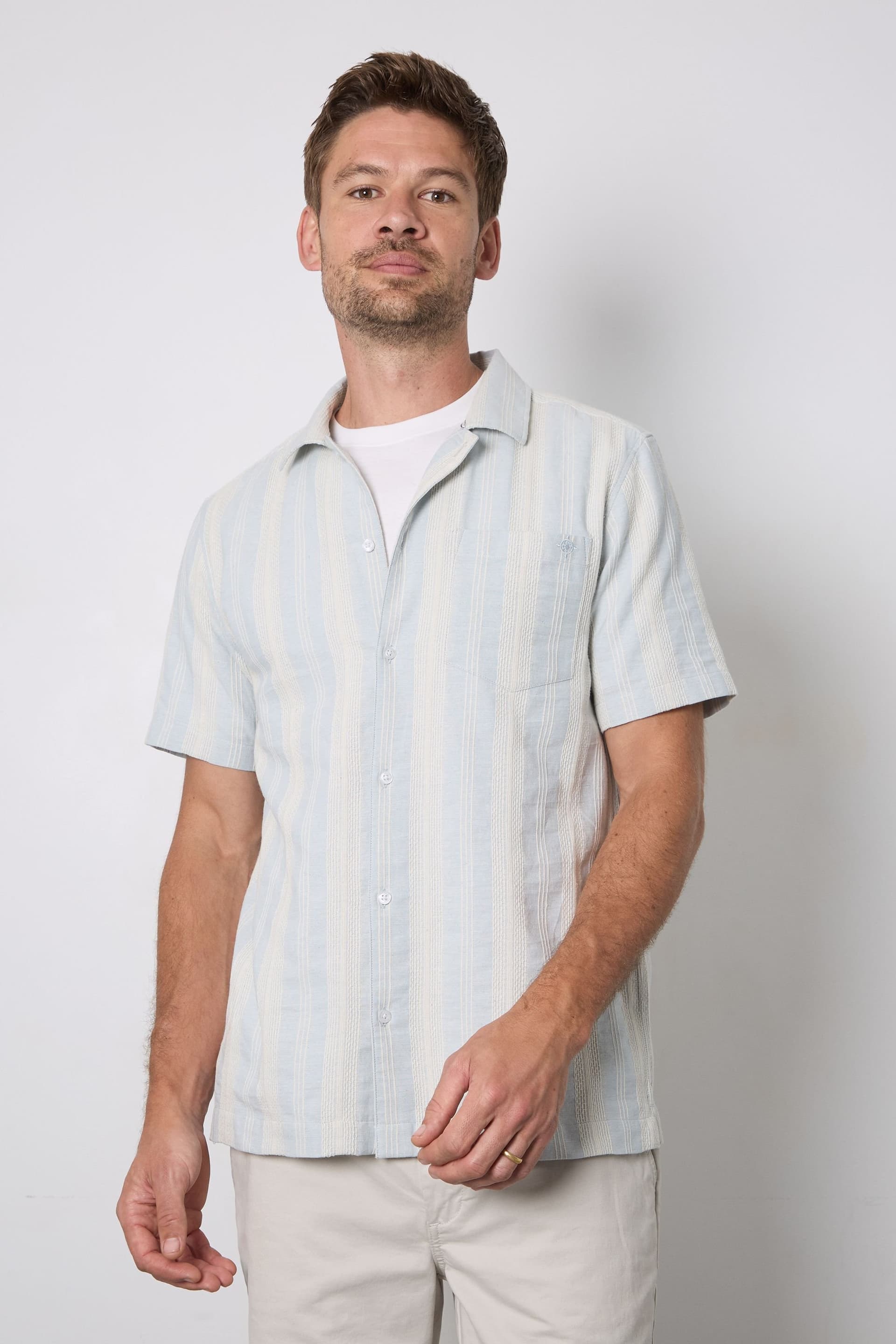 Maine Maine Men's Light Blue Textured Stripes Revere Short Sleeve Shirt