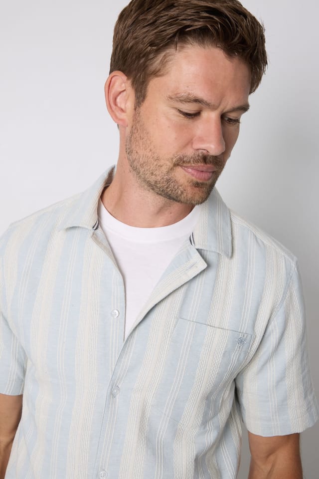 Maine Maine Men's Light Blue Textured Stripes Revere Short Sleeve Shirt - 2