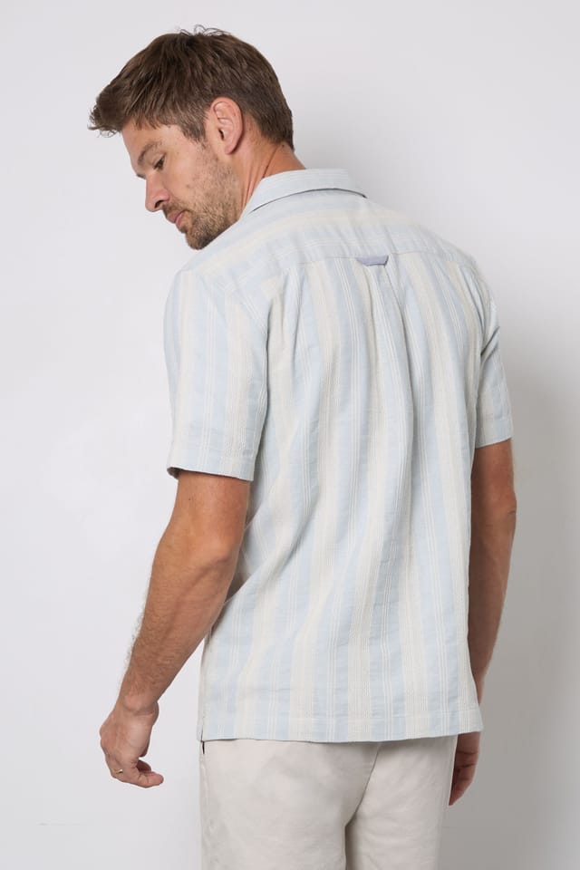 Maine Maine Men's Light Blue Textured Stripes Revere Short Sleeve Shirt - 3