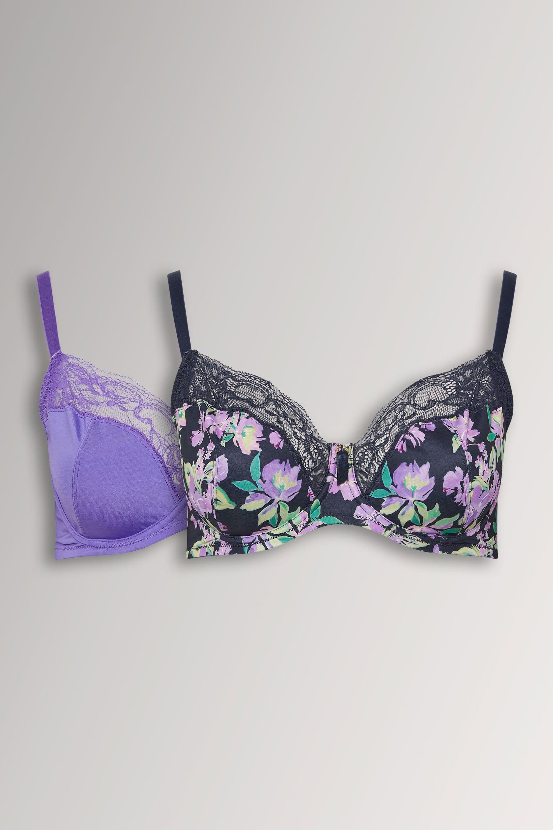 Yours 2 Pack Plus Size Black & Purple Floral Underwired Bras