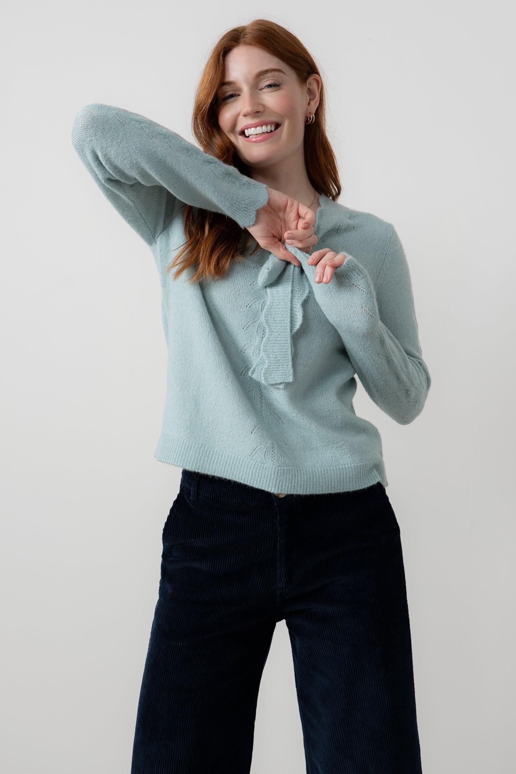 Lily & Me Lily & Me Women's Elise Tie Neck Blended yarn Pointelle Knit Jumper in Duck Egg Blue