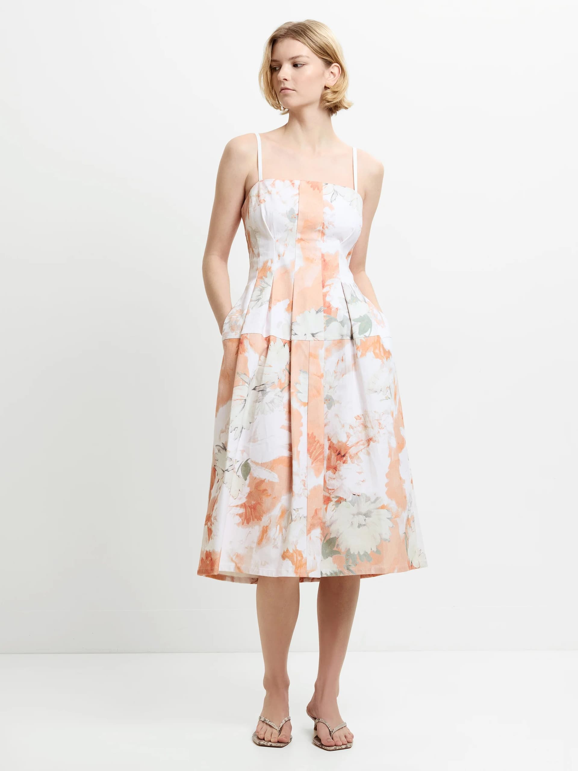 French Connection Feo Printed Denim Midi Dress Tangerine Orange Floral Print
