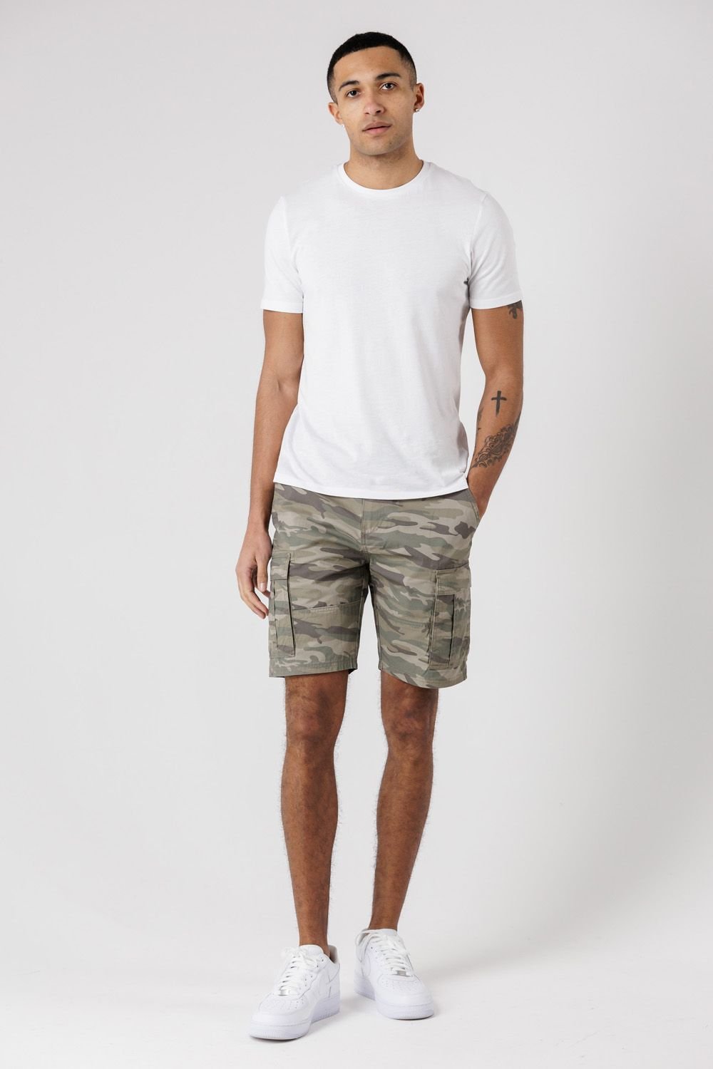 Tokyo Laundry Tokyo Laundry Men's Washed Cotton Twill Cargo Shorts with Camo Print in Khaki - 3