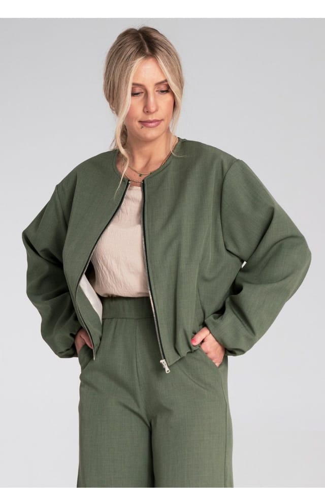 Love Lace Love Lace Women's Short Cut Zip Up Round Neck Jacket with Pockets in Green - 2