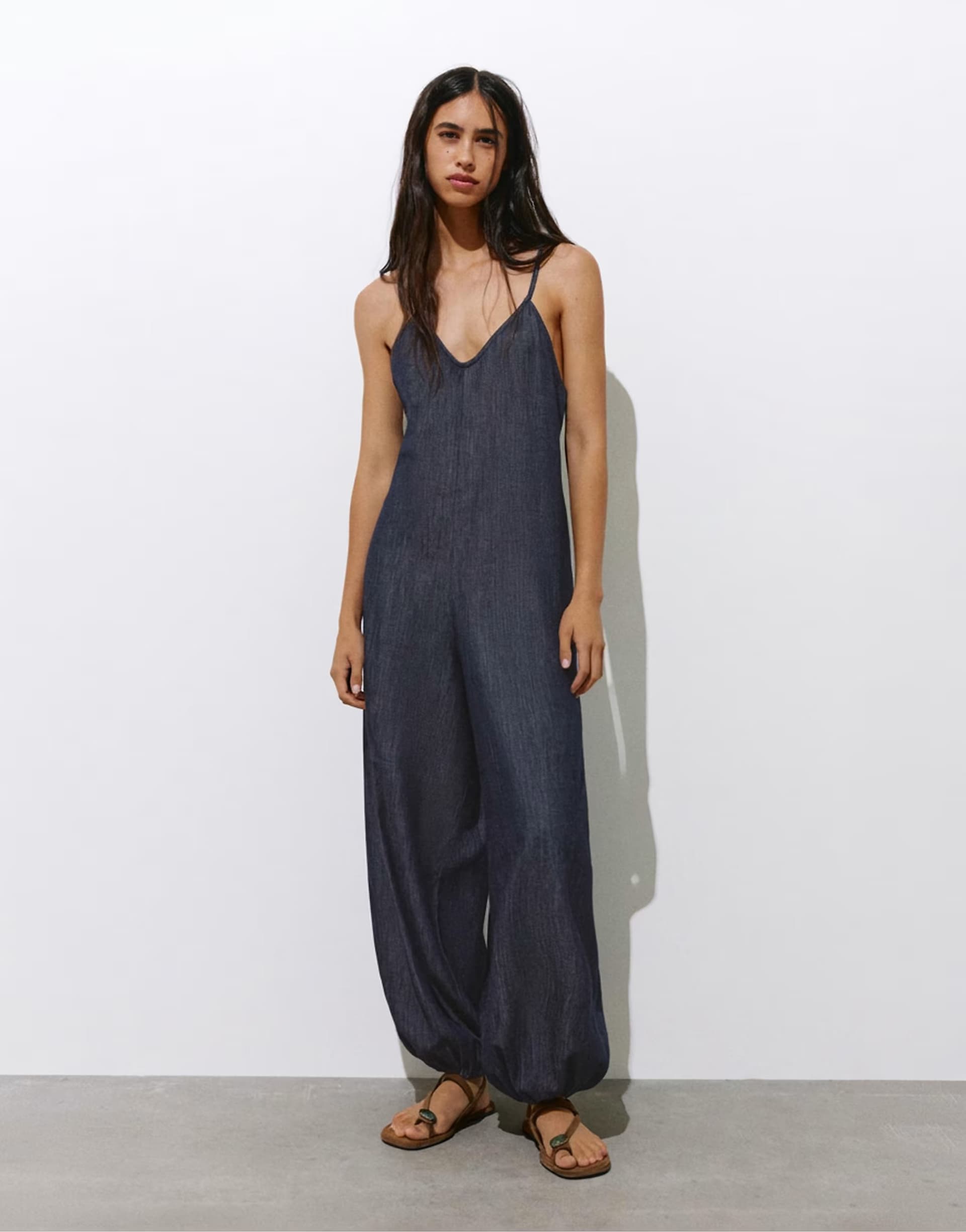 ASOS Pull&Bear Long sarouel jumpsuit with straps in navy