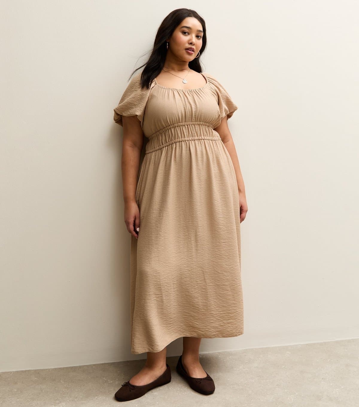 New Look Women's Plus Size Camel Milkmaid Midi Dress Curves New Look