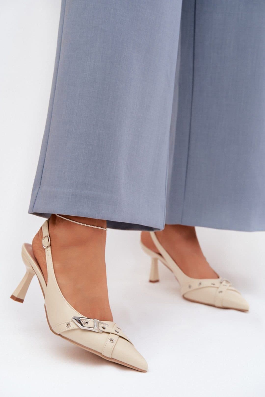 Love Lace Love Lace Beige Pointed Toe Stiletto Heel Sandals With Buckle