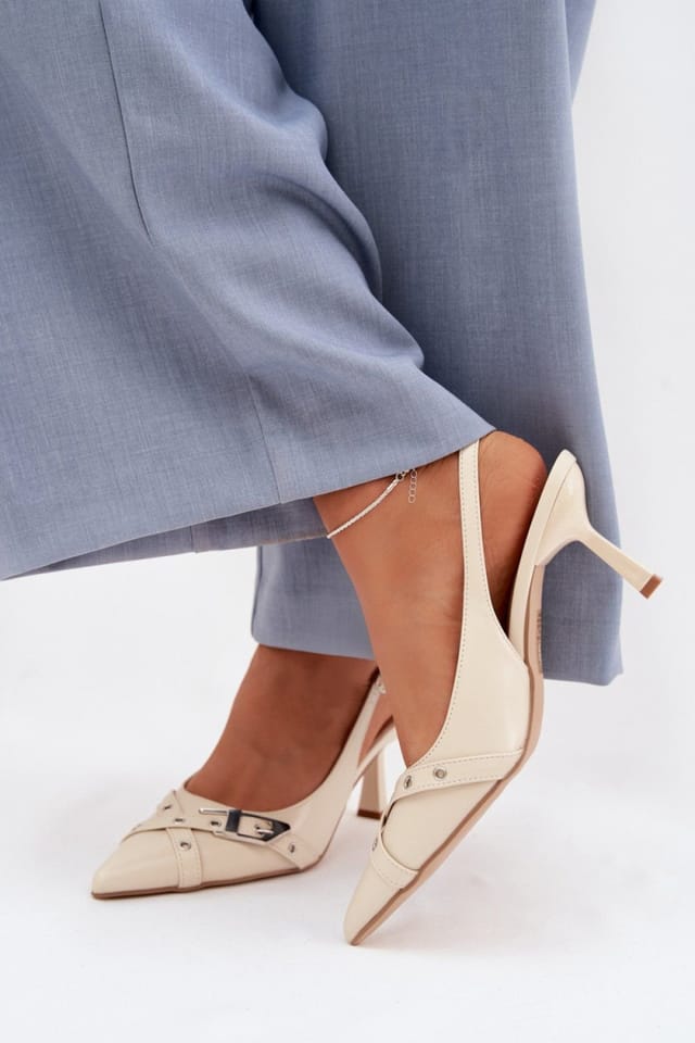 Love Lace Love Lace Women's Pointed Toe Stiletto Heel Sandals with Buckle Closure Adjustable in Beige - 3