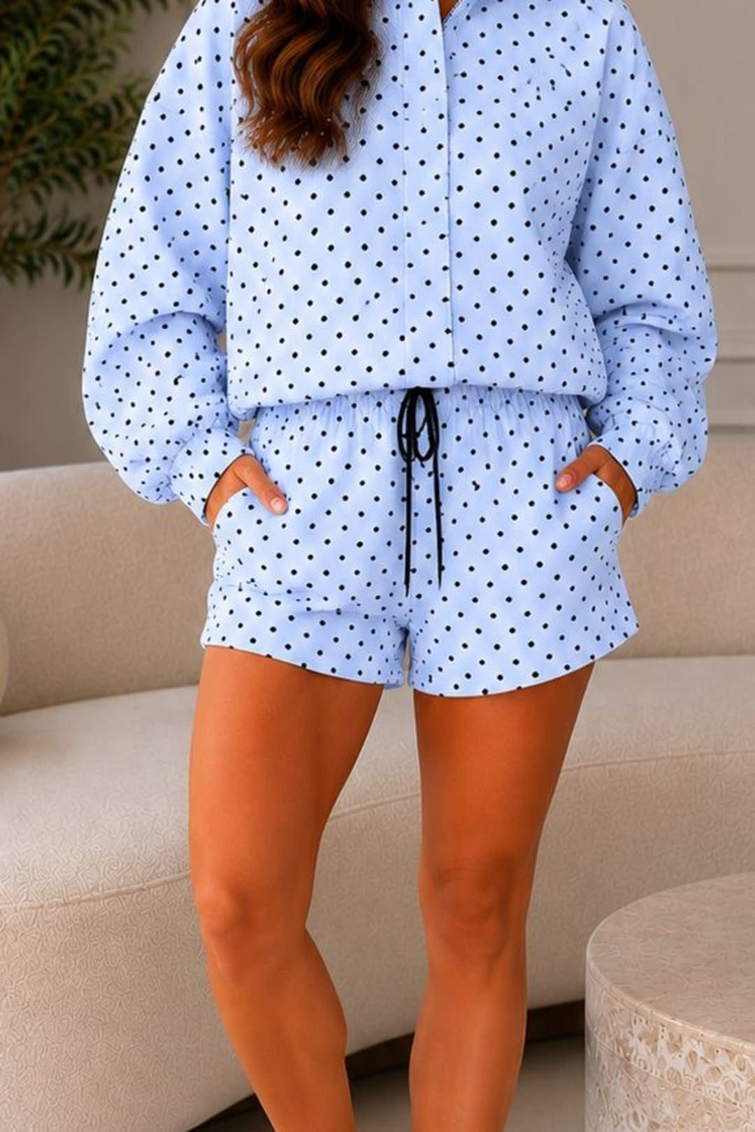 STYLEWISE STYLEWISE Women's Polka Dot Zip-Up Jacket & Shorts Co-ord Set in Blue - 4
