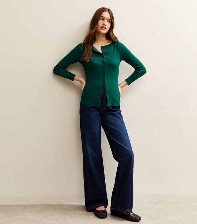 New Look Women's Dark Green Rib Button Up Long Sleeve Top New Look - 3