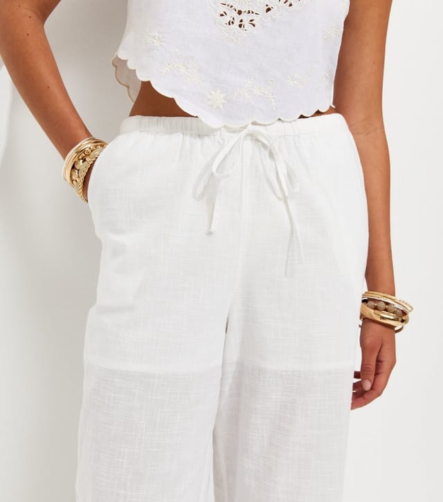 New Look Women's White Cotton Broderie Embroidered Cropped Trousers New Look - 3