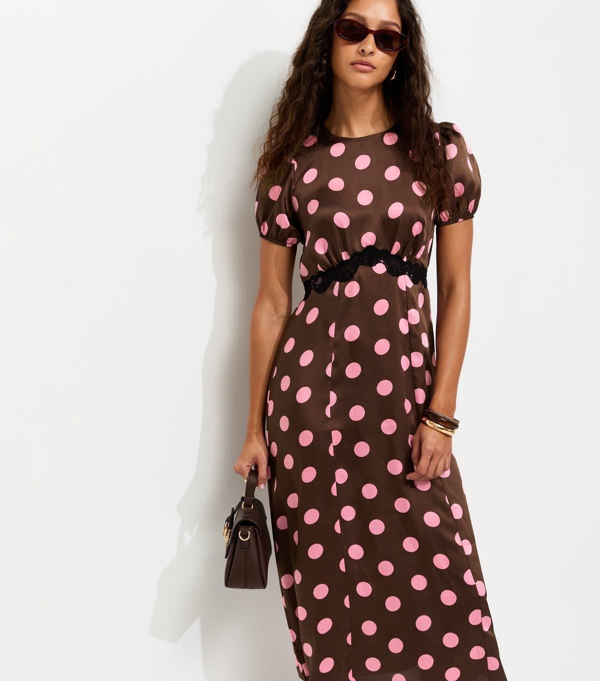 New Look Women's Brown Satin Polka Dot Puff Sleeve Midi Dress New Look