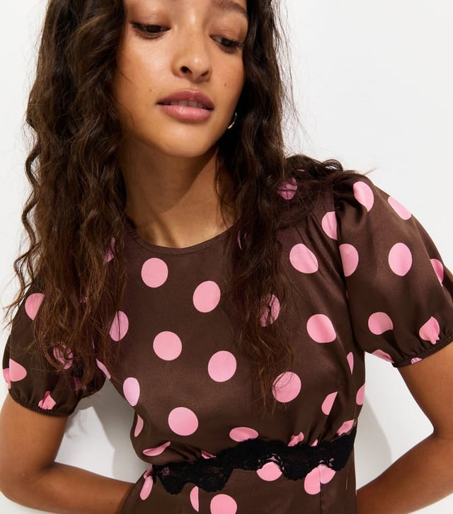 New Look Women's Brown Satin Polka Dot Puff Sleeve Midi Dress New Look - 2