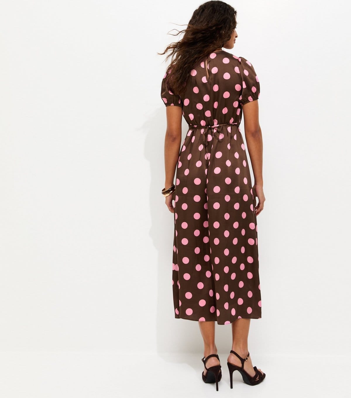 New Look Women's Brown Satin Polka Dot Puff Sleeve Midi Dress New Look - 4