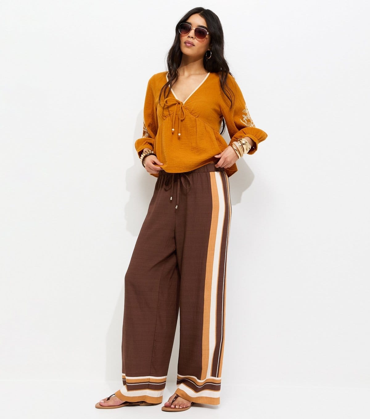 New Look Brown Border Stripe Wide Leg Trousers