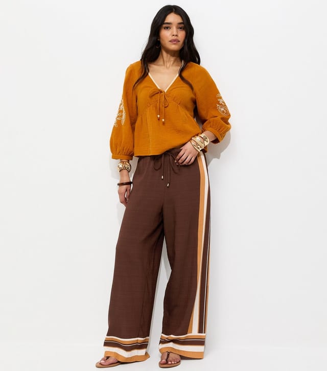 New Look Women's Brown Border Stripe Wide Leg Trousers New Look - 3
