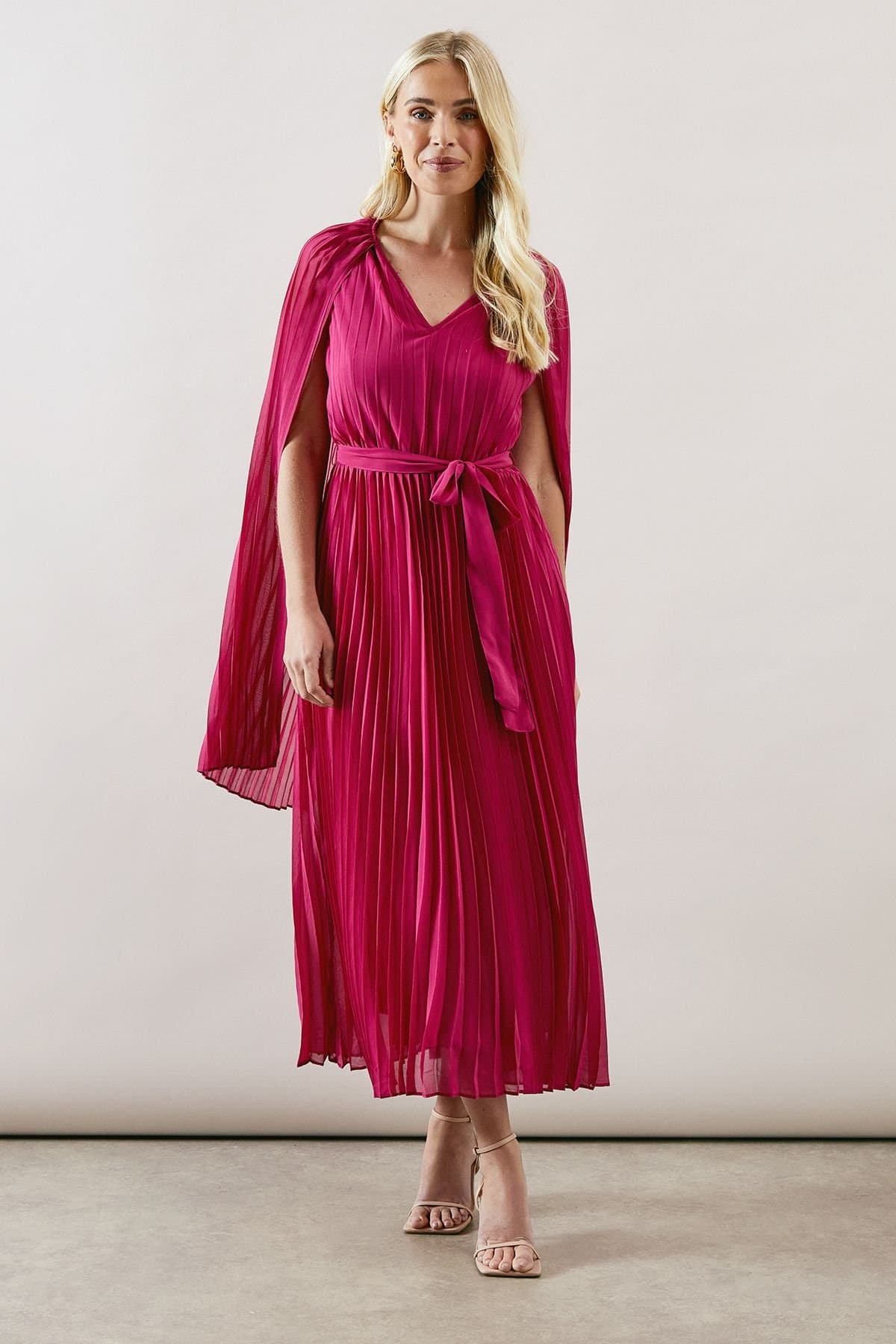 Wallis Wallis Women's Petite Occasion Pleated Cape Midi Dress in Fuchsia