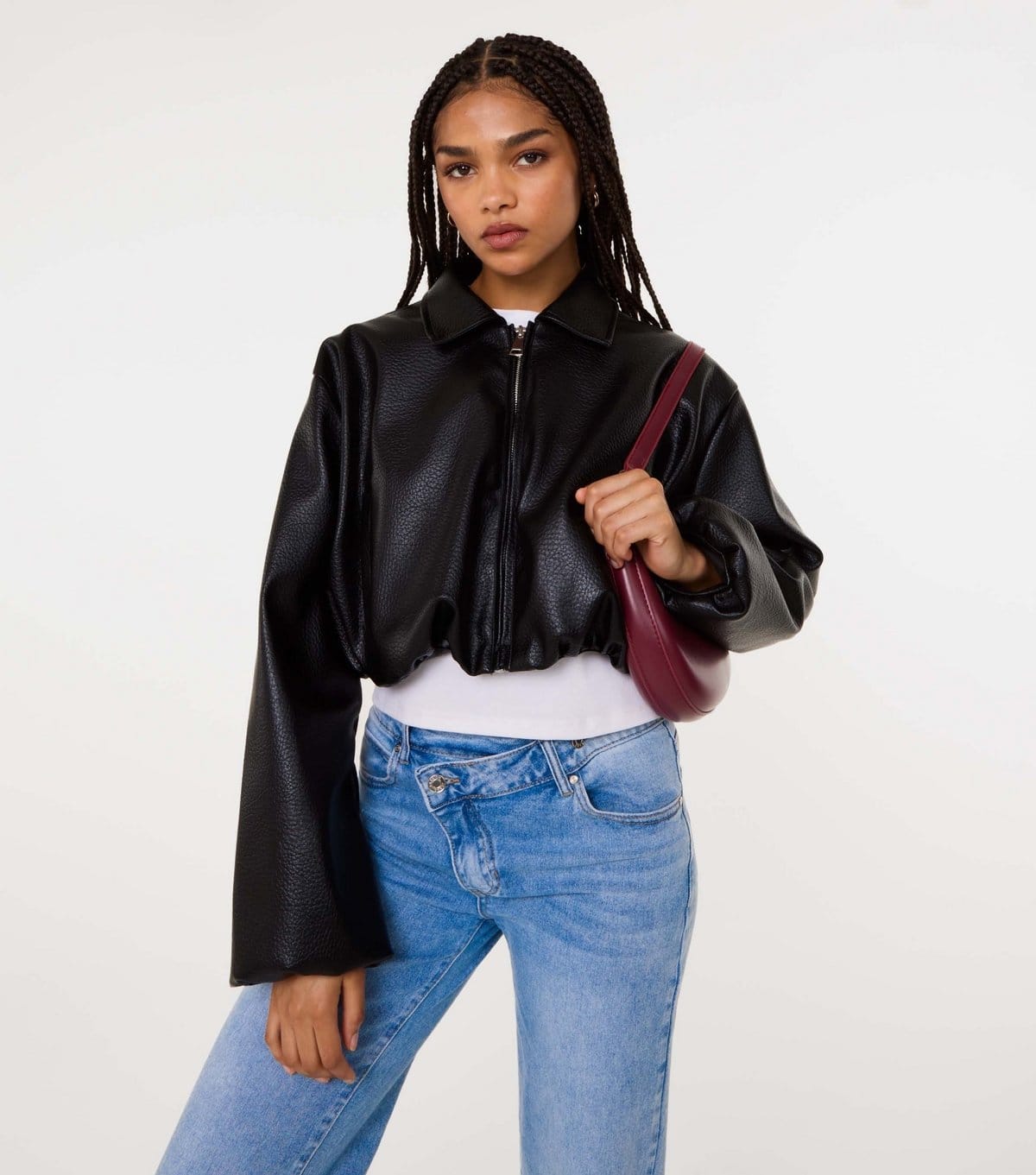 Pink Vanilla Black Faux Leather Puffball Jacket