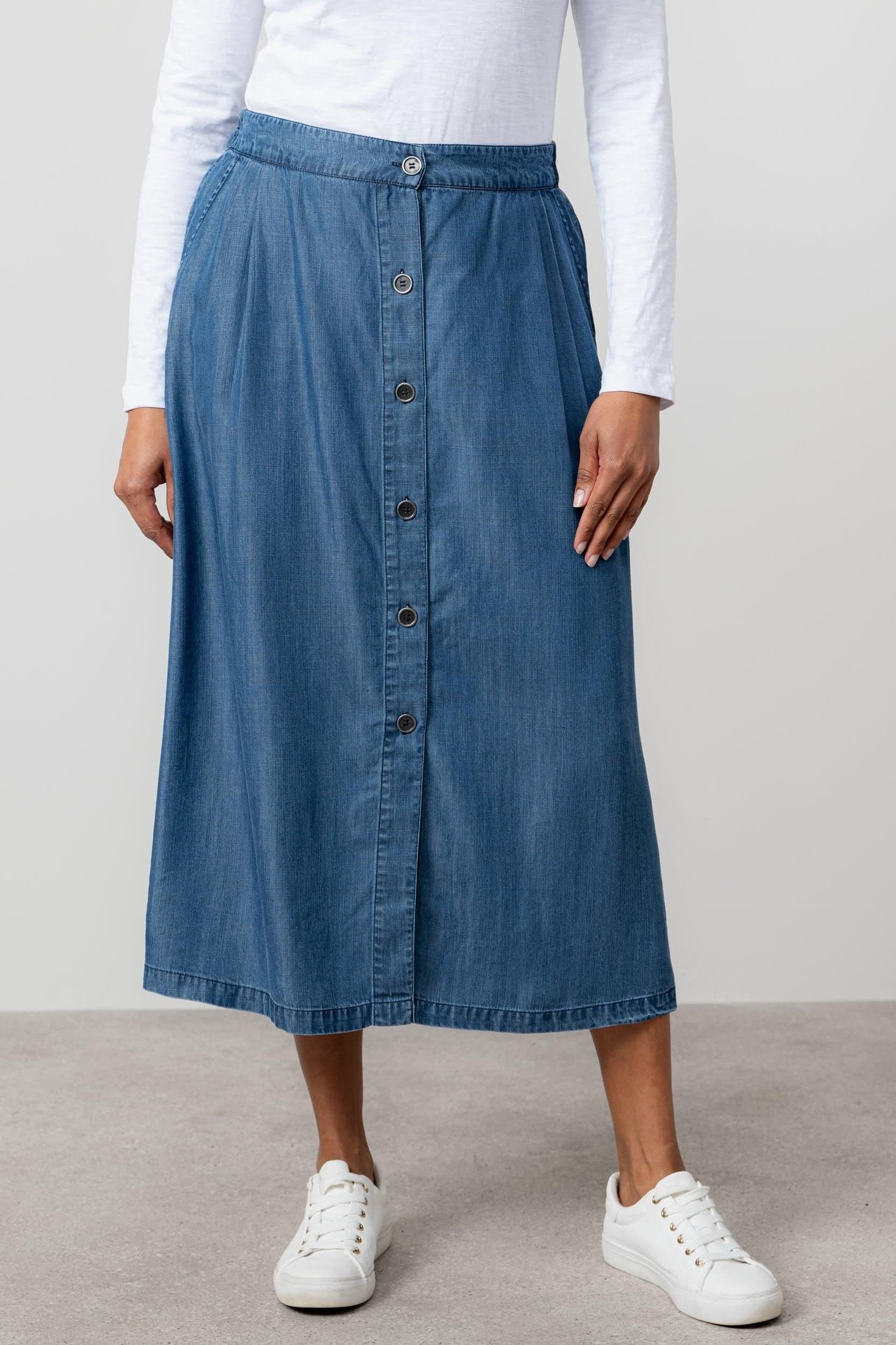Lily & Me Lily & Me Women's Holly Elasticated Waist Tencel Denim Midi Skirt in Blue